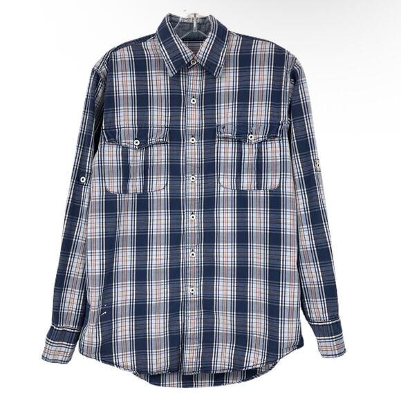 Izod Men's Plaid Button Up Shirt S Blue Pink Utility Roll Tab Long Sleeve Cotton - Picture 1 of 9